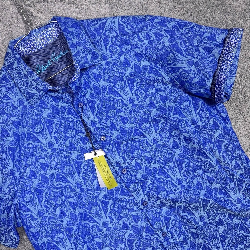 Robert Graham Shirt Mens L Classic Fit Flip Cuff Tropical Floral Palms Stretch